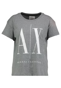 Šedé bavlněné tričko s krátkými rukávy, na přední straně s velkým bílým logem "AX" a textem "ARMANI EXCHANGE". Kolo výstřih.