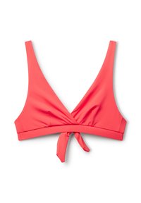 Top bikini corallo con scollatura a V profonda, spalline larghe e chiusura a fiocco sul retro. Realizzato in tessuto liscio ed elastico senza motivi visibili.