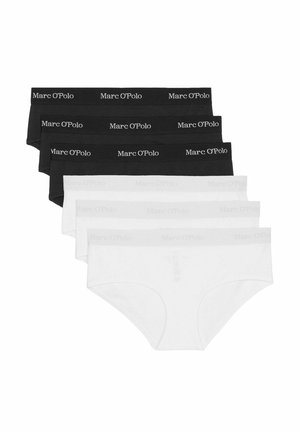 Dertig stuks katoenen slips in zwart en wit. Voorzien van elastische taillebanden met de tekst "Marc O'Polo" in contrasterende kleuren.