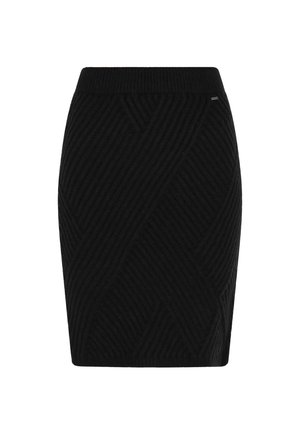Černá pletená tužková sukně s žebrovanou strukturou a diagonálním vzorem. Obsahuje elastický pás a elegantní siluetu.