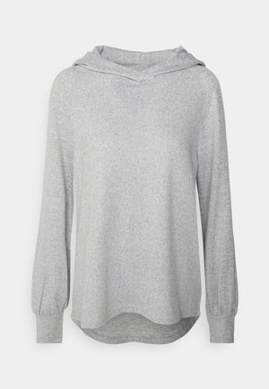 Sweat à capuche gris clair à manches longues avec une coupe décontractée, des poignets côtelés et un ourlet légèrement incurvé sur fond blanc.