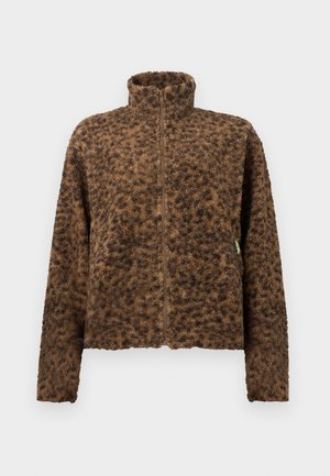 Veste polaire marron texturée à fermeture zippée intégrale avec col montant et manches longues, présentant un motif tacheté subtil.