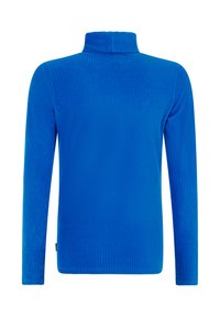 Blauer gerippter Rollkragenpullover mit langen Ärmeln, strukturiertem Stoff, tailliertem Design und hohem Kragen. Schlichter und unverschnörkelter Stil.