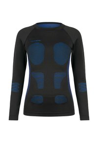 Schwarzes, langärmeliges Thermooberteil mit blauen horizontalen Streifen und ergonomischen Designelementen auf Brust und Ärmeln, gefertigt aus dehnbarem Stoff.