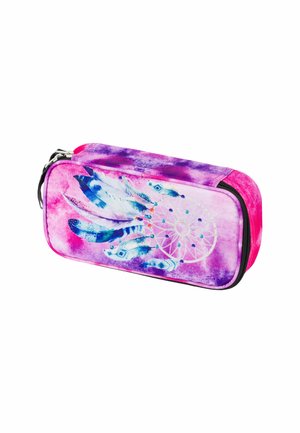 Astuccio rosa e viola con design di un acchiappasogni, caratterizzato da piume blu e motivi circolari, realizzato in tessuto resistente con chiusura a zip.