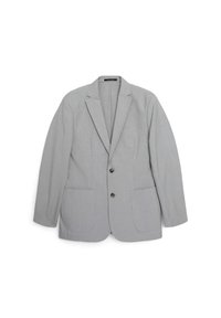 Blazer grigio realizzato in un tessuto tessuto. Presenta due tasche anteriori, rever a scollo e due bottoni. Design classico con una vestibilità su misura.