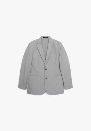 Blazer gris en tissu tissé. Comprend deux poches avant, des revers en notch et deux boutons. Design classique avec une coupe ajustée.