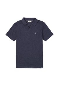 Navyblauwe polo met een gestructureerde stof, voorzien van een verbrede kraag en een klein logo op de linkerkant van de borst. Korte mouwen met een rechte zoom.