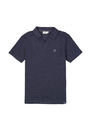 Polo bleu marine en tissu texturé, avec un col évasé et un petit logo sur la poitrine gauche. Manches courtes avec un ourlet droit.