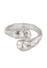 Silberring mit einem fließenden, organischen Design, strukturierten Oberflächen, ineinander verschlungenen Formen und polierten Akzenten, die Eleganz in der Schlichtheit symbolisieren.