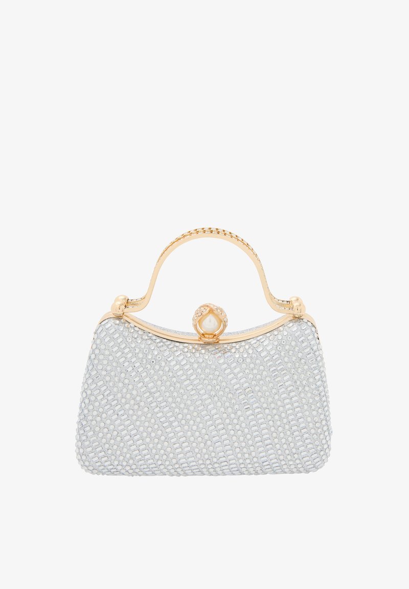 Hopeaketju hopeisin kimalteilla, jossa on metallinen kultakehys ja kahva. Koristava helmisolki ylhäällä. Sileä pinta, jossa on monimutkainen kuvio.