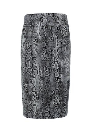 Grijze slangenprint kokerrok met een gladde textuur, een aansluitend ontwerp en een middelhoge tailleband.