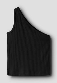 Haut noir à une épaule avec un design ajusté. Le tissu texturé présente des lignes verticales. Forme élégante avec un décolleté et un ourlet nets.