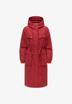 Langer roter Mantel mit Kapuze, mit geknöpften Klappentaschen auf der Brust, großen Seitentaschen, elastischen Bündchen und verstellbaren Kordeln in der Taille.