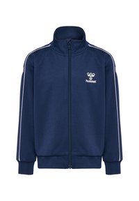 Marinblå zip-up träningsjacka i mjukt material, med vita sidostripes och en liten logotyp på bröstet. Hög krage och manchetter vid ärmarna.