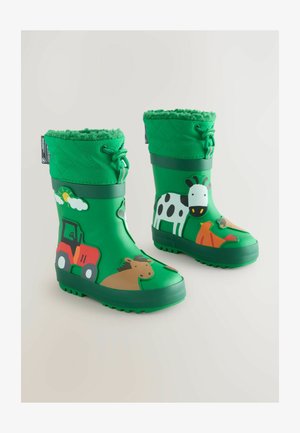 Žali guminiai lietaus batai su siuvinėtu dizainu, su gyvūnų ir traktorių grafika keliomis spalvomis, ir tekstūruota, neslidžia padais.