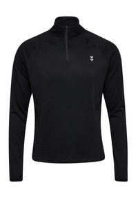 Zwarte lange mouwen pullover met een halve rits op de kraag, textuurstof en een klein wit logo op de borst, voorzien van aansluitende mouwen en een rechte zoom.