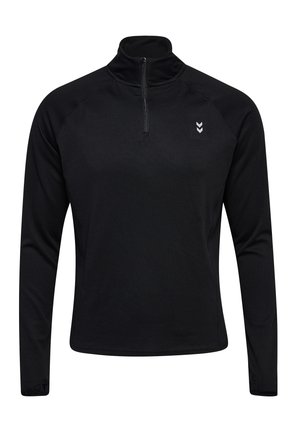 Sort langærmet pullover med halv-zip krave, struktureret stof og et lille hvidt logo på brystet, med tætsiddende ærmer og lige kant.