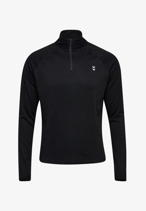 Sort langærmet pullover med halv-zip krave, struktureret stof og et lille hvidt logo på brystet, med tætsiddende ærmer og lige kant.