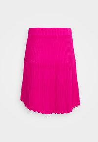 Saia de malha rosa com cintura canelada, bainha em formato de gota e um design evasê com um acabamento texturizado.