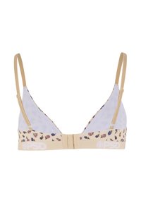 Bežová květinová podprsenka s nastavitelnými ramínky, uzávěrem na háček a očko na zadní straně a bílým logem PSD na elastickém pásku.