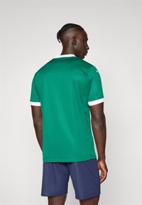 Grøn polo skjorte med hvid krave og ærme accenter, med korte ærmer og en almindelig pasform. Båret med marineblå shorts.