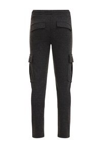 Mustat ruudulliset cargo-housut, joissa on sivutaskut, kapea istuvuus ja keskikorkea vyötärö. Teksturoitu kangas, jossa on hienovarainen ruutukuosi.