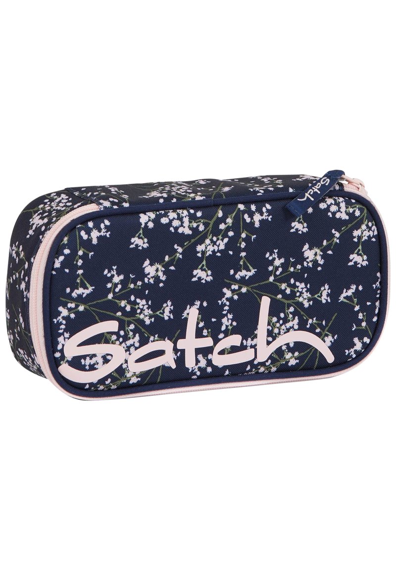 Navy pencil case with a floral design, featuring white flowers on green branches, pink zipper, and the brand name "Satch" prominently displayed.