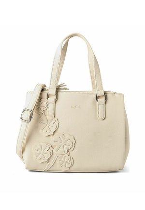 Handtasche aus cremefarbenem Leder mit zwei Griffen, einem abnehmbaren Schultergurt und floralen Applikationen auf der Vorderseite.