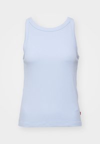 Ljusblå ribbad linne med rund halsringning. Ärm-lös design och slät struktur. Har diskret varumärke på fållen.