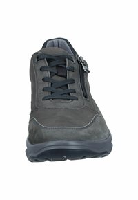 Gray suede sneaker with black laces, side zipper, rounded toe, and textured upper. Rubber sole with a slight tread pattern.