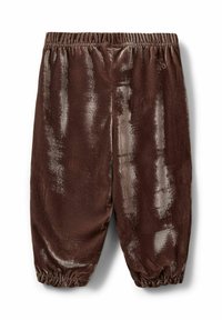 Ruske, mehkobne hlače z elastičnim pasom in zborom na gležnjih, ki imajo sijočo, teksturirano površino in ohlapen kroj.