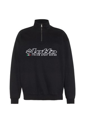 Schwarzer Pullover mit langen Ärmeln und Viertel-Reißverschluss, mit dem "lotto ITALIAN SPORT DESIGN"-Logo und kleinem italienischem Flaggen-Emblem auf der Brust.