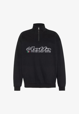 Schwarzer Pullover mit langen Ärmeln und Viertel-Reißverschluss, mit dem "lotto ITALIAN SPORT DESIGN"-Logo und kleinem italienischem Flaggen-Emblem auf der Brust.