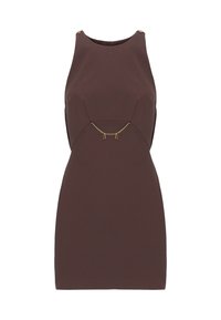 Ärmelloses braunes Kleid mit taillierter Passform, das eine Kettenakzentuierung mit goldenen Hardware-Elementen an der Brust und strukturierte Nähte aufweist.