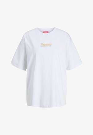 Valge lühikeste varrukatega t-särk ümmarguse kaelusega, mille rinnale on keskele paigutatud väike kollane tekst "Espresso yourself".