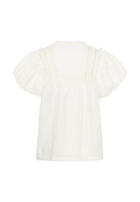 Blouse blanche à manches courtes avec manches bouffantes, empiècement carré orné de dentelle et tissu froncé sous l'empiècement, vue de dos.
