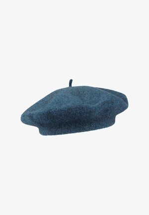 Berretto di lana blu scuro con forma rotonda, texture morbida e un piccolo nodo sulla parte superiore. Senza motivi visibili, presenta una finitura liscia.