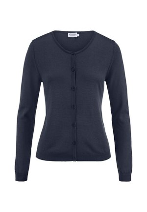 Marineblauer, langärmeliger Strickcardigan mit rundem Ausschnitt und sieben Frontknöpfen, ausgestattet mit gerippten Bündchen und Saum.