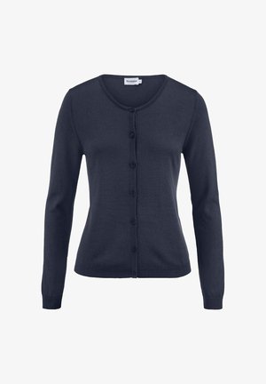 Marineblauer, langärmeliger Strickcardigan mit rundem Ausschnitt und sieben Frontknöpfen, ausgestattet mit gerippten Bündchen und Saum.