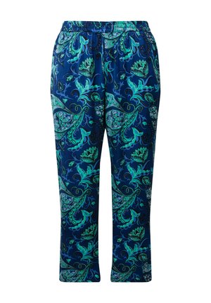 Siniset pyjamahousut, joissa on vihreä- ja turkoosinvärinen kukkapaisleykuvio. Varusteena elastinen vyötärö ja suora lahjetyyli.