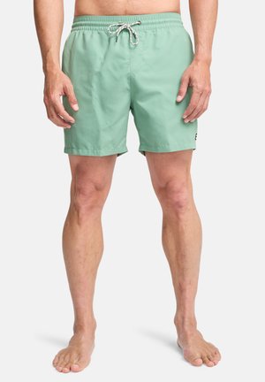 Shorts de bain vert menthe avec une taille élastique et un cordon de serrage, présentant une texture lisse et un petit logo noir sur le côté.
