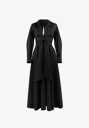 Black long-sleeve dress with a collared neckline, tie waist detail, and vertical pinstripes; features a flowing skirt and button closure.