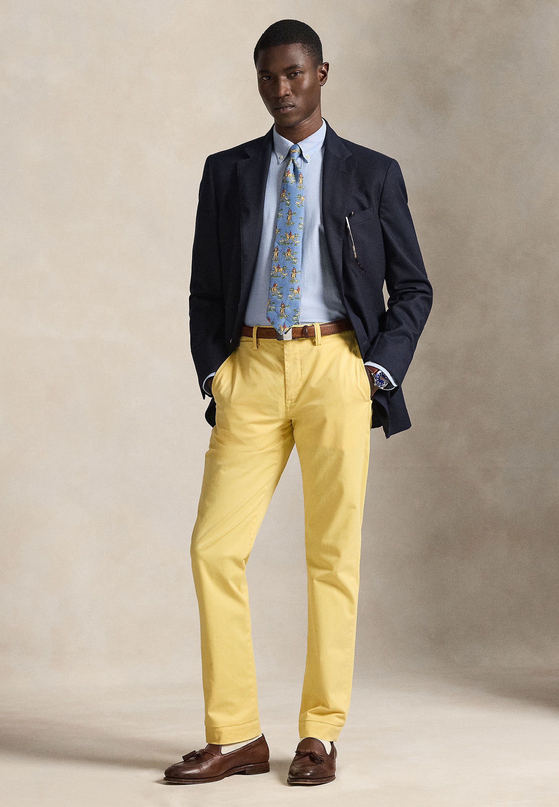 blue blazer khaki pants brown shoes