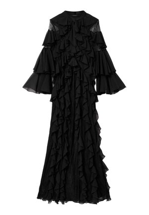 Czarna długa sukienka z wieloma warstwami falbanek, przezroczystymi koronkowymi panelami, rozszerzanymi rękawami i wysokim kołnierzem z kokardą.