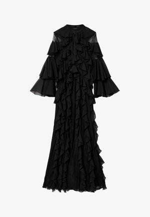 Zwarte lange jurk met meerdere gelaagde ruches, doorschijnende kanten panelen, wijde mouwen en een hoge halslijn met een strikdetail.