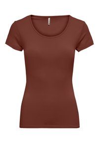 Burgundy short-sleeve t-shirt with a scoop neckline, made of soft, stretchy material, featuring a fitted design and smooth texture.