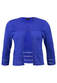 Blå stickad cardigan med rund halsringning, texturerad övre panel och utskärningar på den nedre framsidan och ärmarna, öppnad framtill.