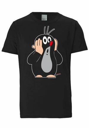 Sort bomulds T-shirt med en tegneserieål med en grå mave, store øjne og en rød næse, hænderne på hovedet i en overrasket pose.