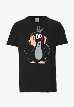 Schwarzes Baumwoll-T-Shirt mit einem Cartoon-Maulwurf, der einen grauen Bauch, große Augen und eine rote Nase hat, mit den Händen auf dem Kopf in einer überraschten Pose.